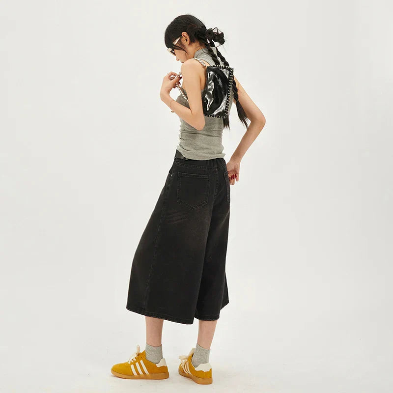 Wash Cropped Rise Denim Short Pants Wide Leg Straight Jeans