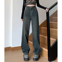 Retro Cement Wide-Leg Female New High-Waisted Thin Loose Straight Drag Jeans