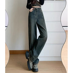 Retro Cement Wide-Leg Female New High-Waisted Thin Loose Straight Drag Jeans