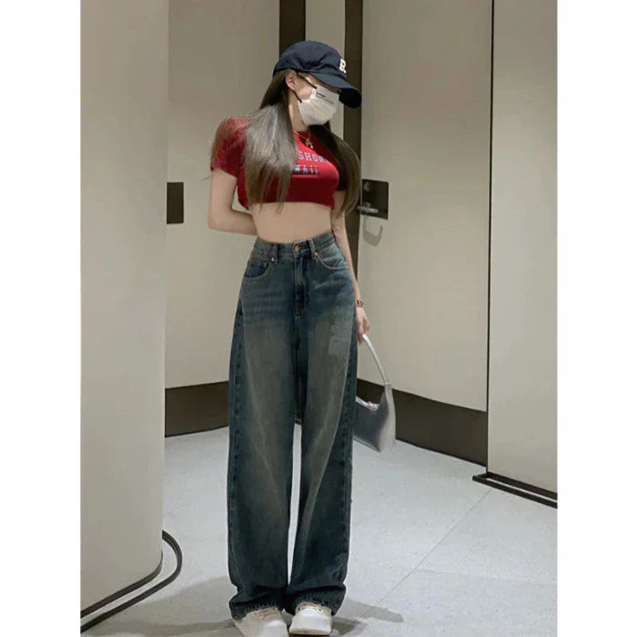 Retro Cement Wide-Leg Female New High-Waisted Thin Loose Straight Drag Jeans