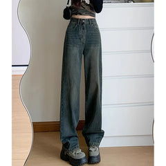 Retro Cement Wide-Leg Female New High-Waisted Thin Loose Straight Drag Jeans