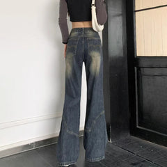 Americanretro Cement Grey Female Autumn Winter New Versatile Thin High-waisted Loose Wide-Legged Jeans