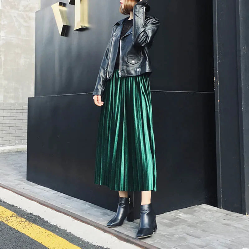 Autumn High Waisted Skinny Velvet Pleated Skirt