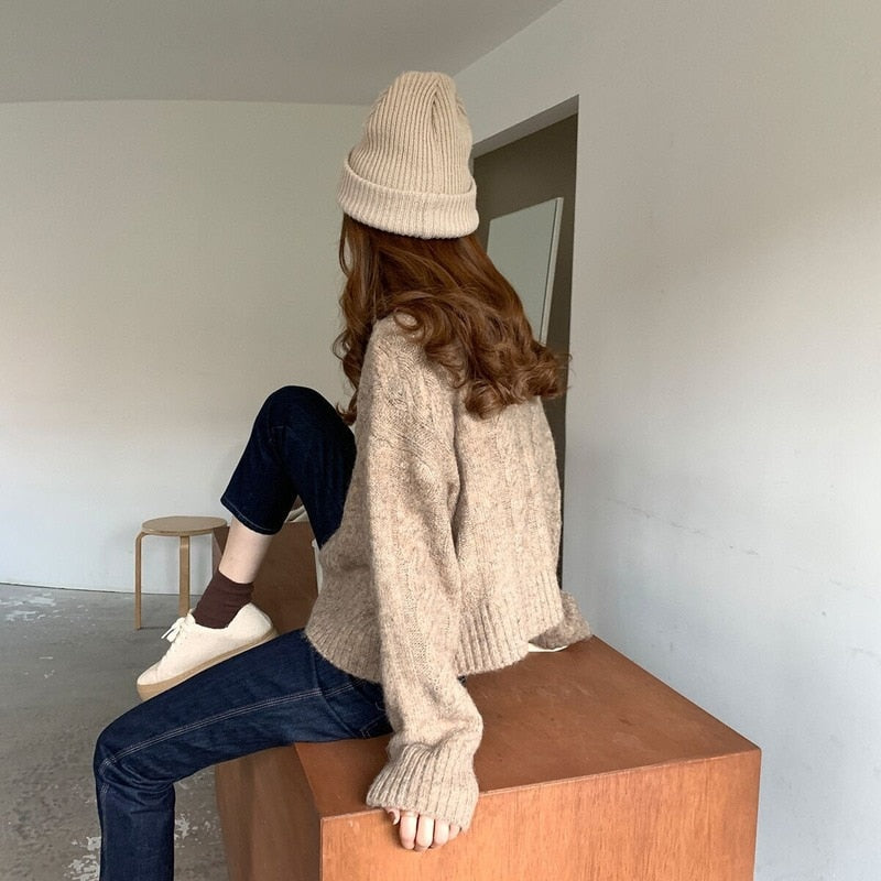 Elegant Warm Sweater Cardigan Fashion Loose Thick V-neck Knitted Sweater