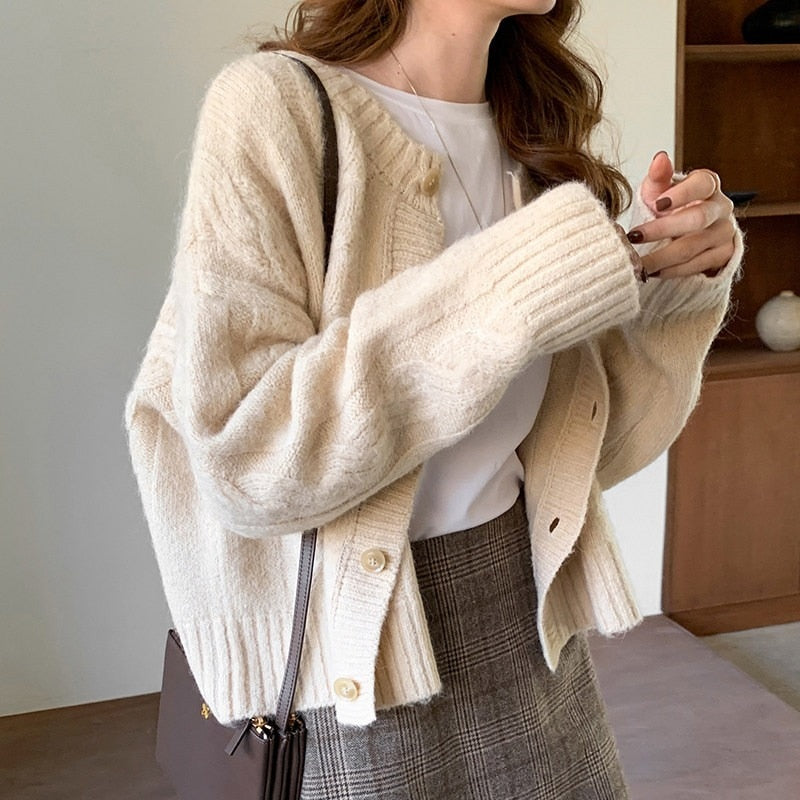 Elegant Warm Sweater Cardigan Fashion Loose Thick V-neck Knitted Sweater