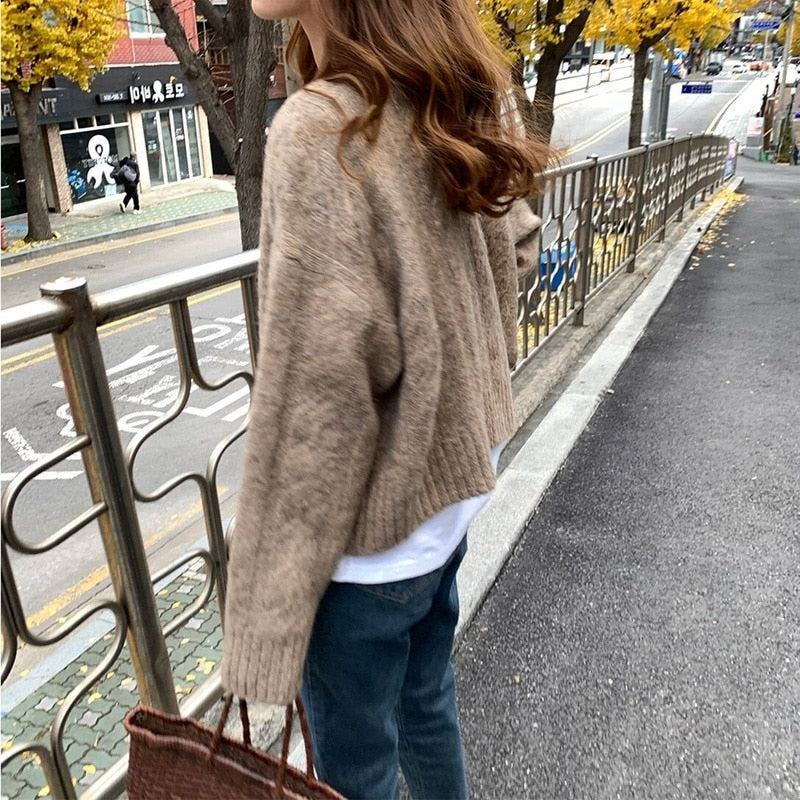 Elegant Warm Sweater Cardigan Fashion Loose Thick V-neck Knitted Sweater