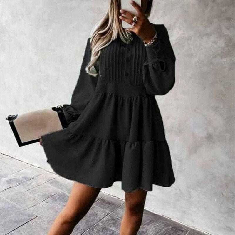 O Neck Button Draped Party A-Line Mini Dress