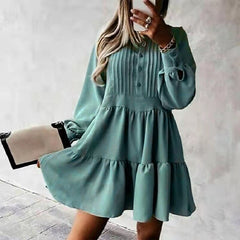 O Neck Button Draped Party A-Line Mini Dress