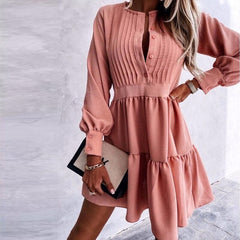 O Neck Button Draped Party A-Line Mini Dress