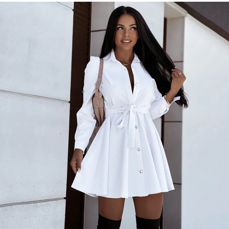 Causal Turn-down Collar Long Sleeve Lace Up Button Dress