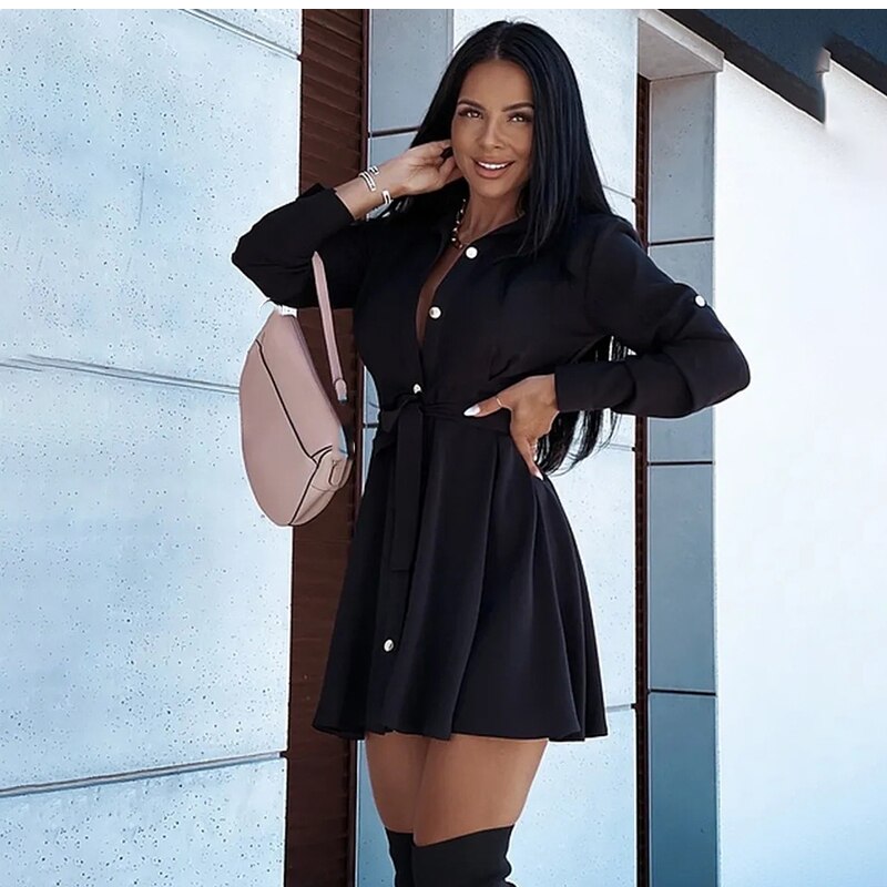 Causal Turn-down Collar Long Sleeve Lace Up Button Dress