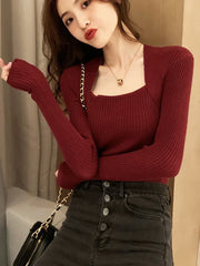 Autumn Winter Pullover Long Sleeve Top Square Collar Basic Knitted Sweater