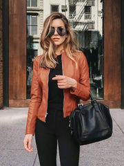 PU Solid Single Breasted WomenOverwear Leather Autumn Winter Jacket