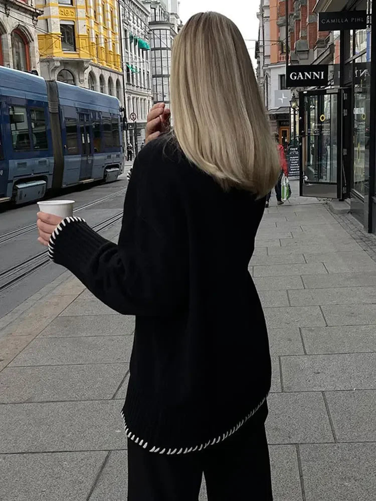 Autumn Patchwork Turtleneck Fashion Casual Long Sleeve Knitted Sweater