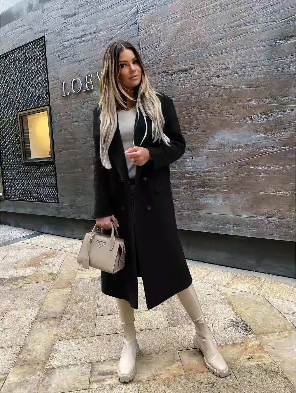 Autumn Woolen Retro Fashion Black Long Sleeve Blue Casual Winter Street Wear Loose Coat