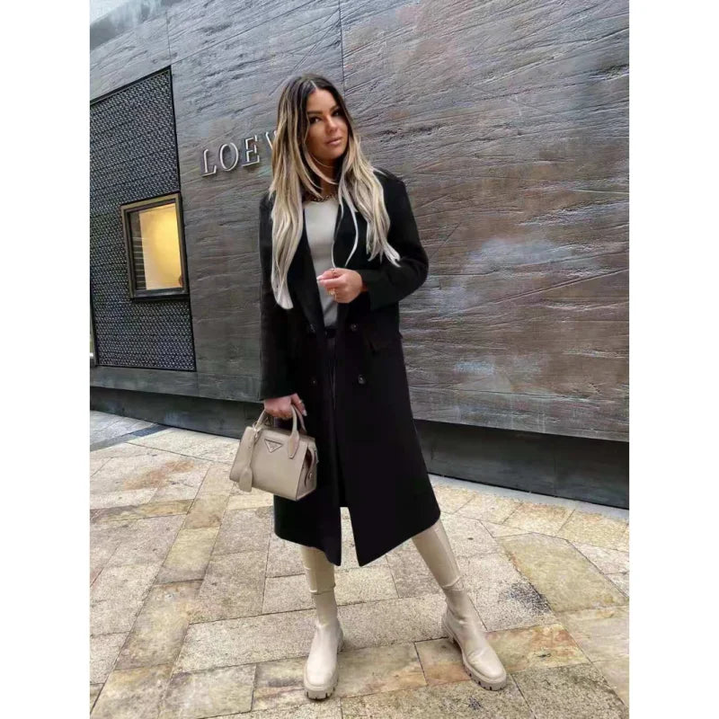 Autumn Woolen Retro Fashion Black Long Sleeve Blue Casual Winter Street Wear Loose Coat