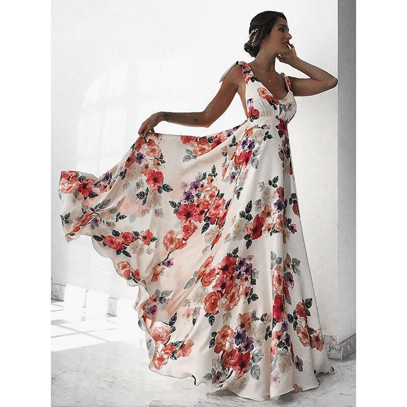 Floral Print Vacation Sleeveless V-Neck Backless Beach Dress