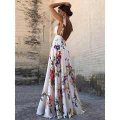 Floral Print Vacation Sleeveless V-Neck Backless Beach Dress