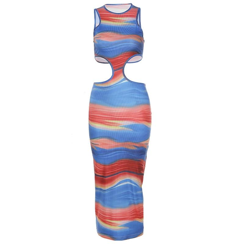 Colorful Print Vacation Long Dresses Cut Out Sleeveless Bodycon Dress