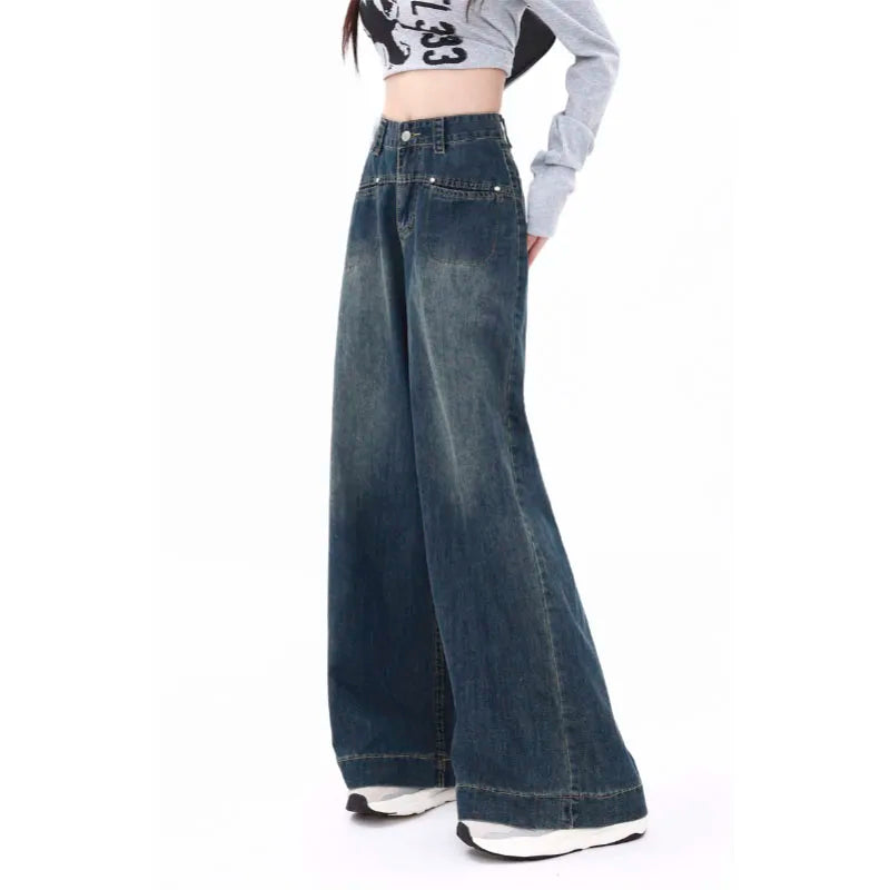 Waisted Button Denim Baggy Wide Leg Streetwear Jeans