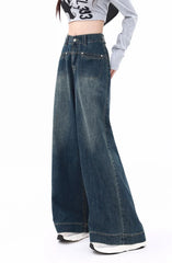 Waisted Button Denim Baggy Wide Leg Streetwear Jeans