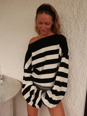 Black White Striped Irregular Collar Off Shoulder Pullover Long Sleeve Sweater