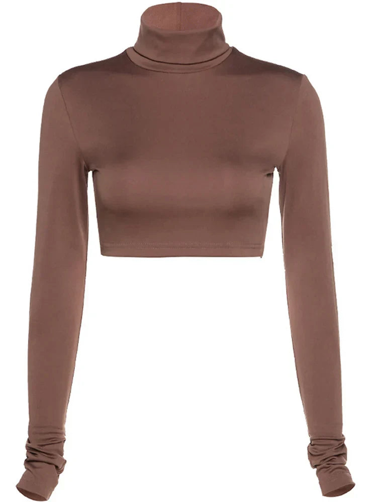 Sheath Solid Turtleneck Autumn Stretch Casual Undershirt All-match Crop Tops