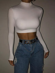 Sheath Solid Turtleneck Autumn Stretch Casual Undershirt All-match Crop Tops