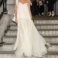 Beige Mesh Patchwork Spaghetti Strap Loose Stylish Maxi Dress