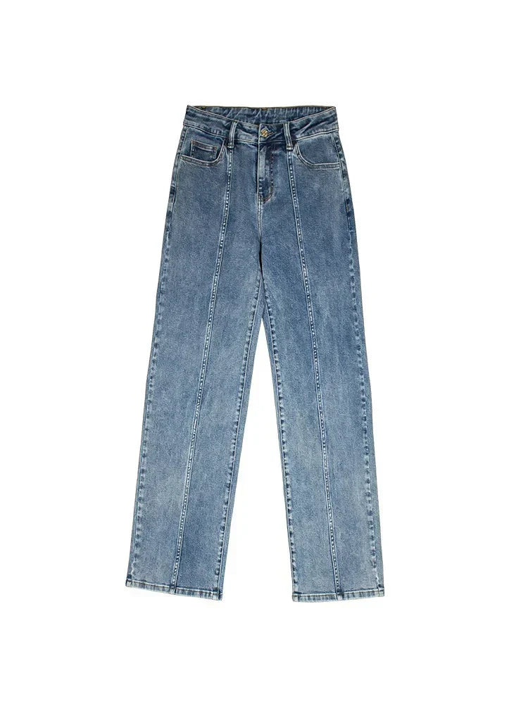 Ladies Fashion Blue Wide Leg Trousers For Mid Waisted Loose Casual Straight Denim Jeans