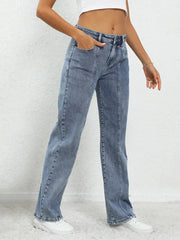 Ladies Fashion Blue Wide Leg Trousers For Mid Waisted Loose Casual Straight Denim Jeans