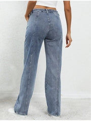 Ladies Fashion Blue Wide Leg Trousers For Mid Waisted Loose Casual Straight Denim Jeans