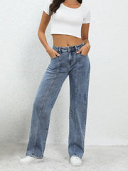 Ladies Fashion Blue Wide Leg Trousers For Mid Waisted Loose Casual Straight Denim Jeans