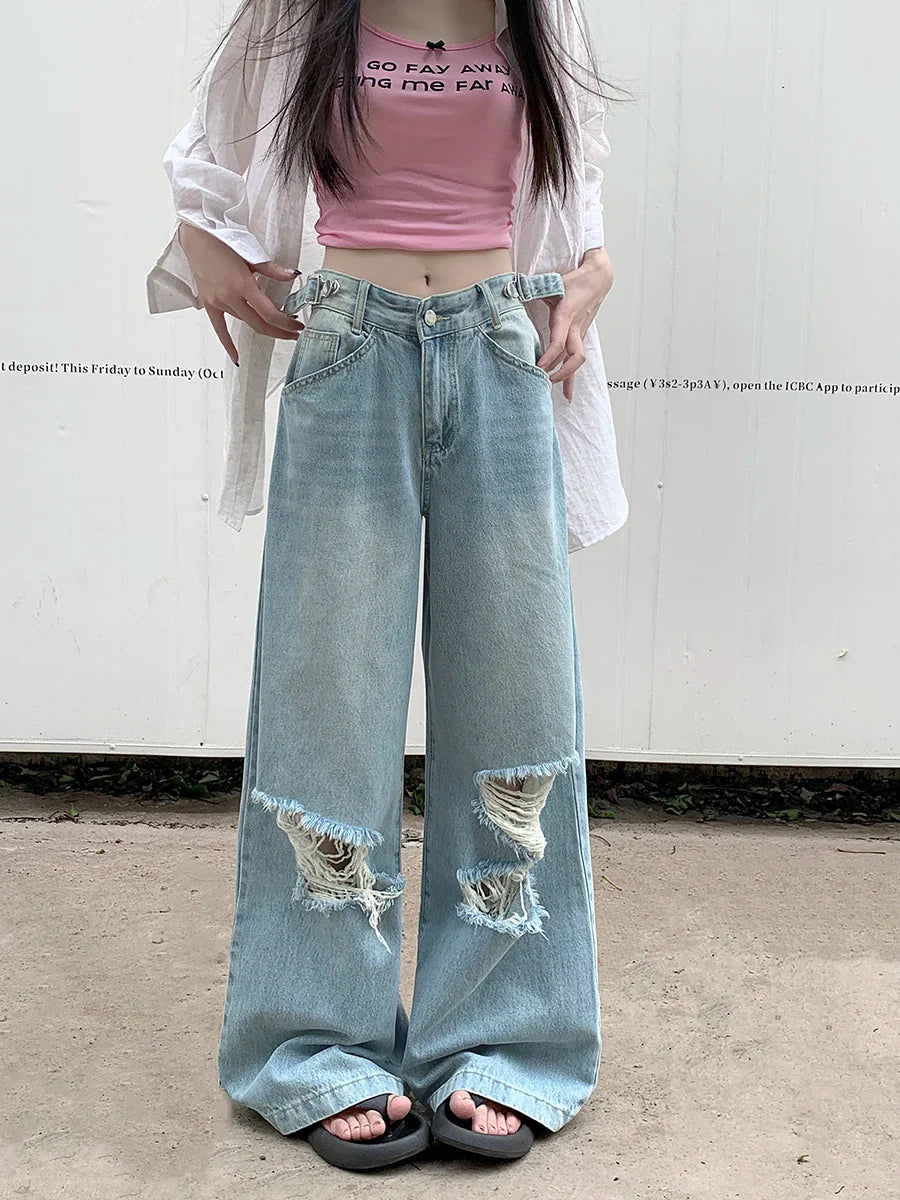 Retro Wide Leg Street Ripped Waist Adjustable Washed Denim Jeans