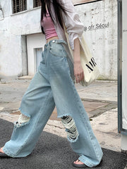 Retro Wide Leg Street Ripped Waist Adjustable Washed Denim Jeans