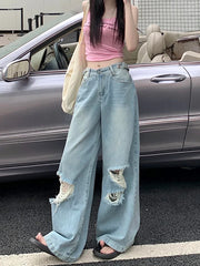 Retro Wide Leg Street Ripped Waist Adjustable Washed Denim Jeans