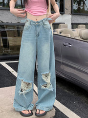 Retro Wide Leg Street Ripped Waist Adjustable Washed Denim Jeans