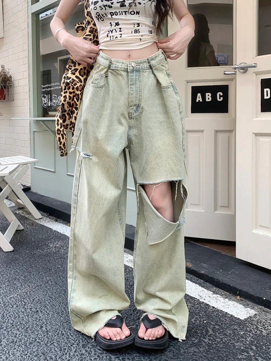 Washed Ripped WomenHigh Waist Y2k Streetwear Boyfriend Loose Raw Hem Straight Wide-Leg Jeans