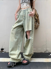 Washed Ripped WomenHigh Waist Y2k Streetwear Boyfriend Loose Raw Hem Straight Wide-Leg Jeans