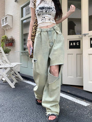 Washed Ripped WomenHigh Waist Y2k Streetwear Boyfriend Loose Raw Hem Straight Wide-Leg Jeans