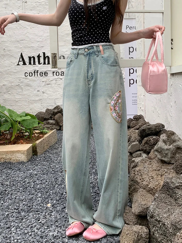 Embroidery WomenSpring Summer High Waist Loose Vintage Straight Jeans