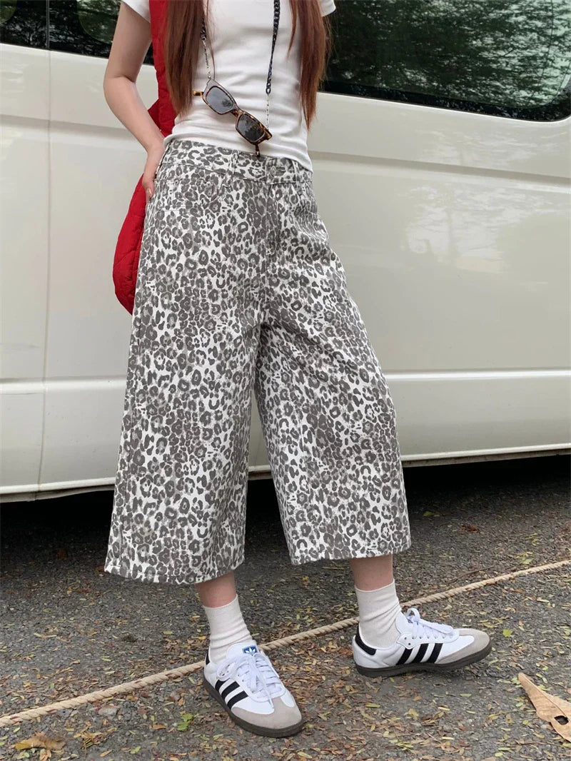 Leopard Retro Cropped Pants Streetwear Y2k Wide Leg Jeans