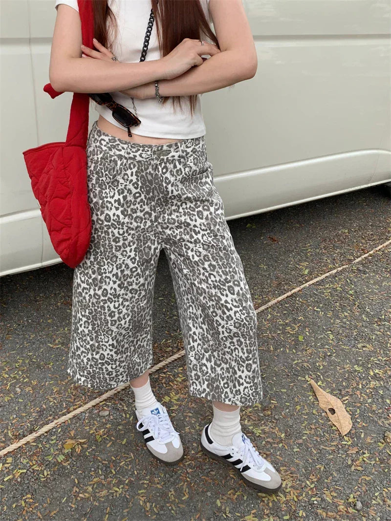 Leopard Retro Cropped Pants Streetwear Y2k Wide Leg Jeans