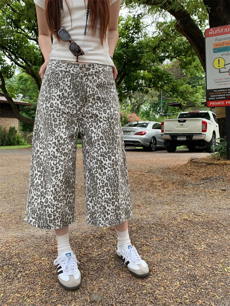 Leopard Retro Cropped Pants Streetwear Y2k Wide Leg Jeans