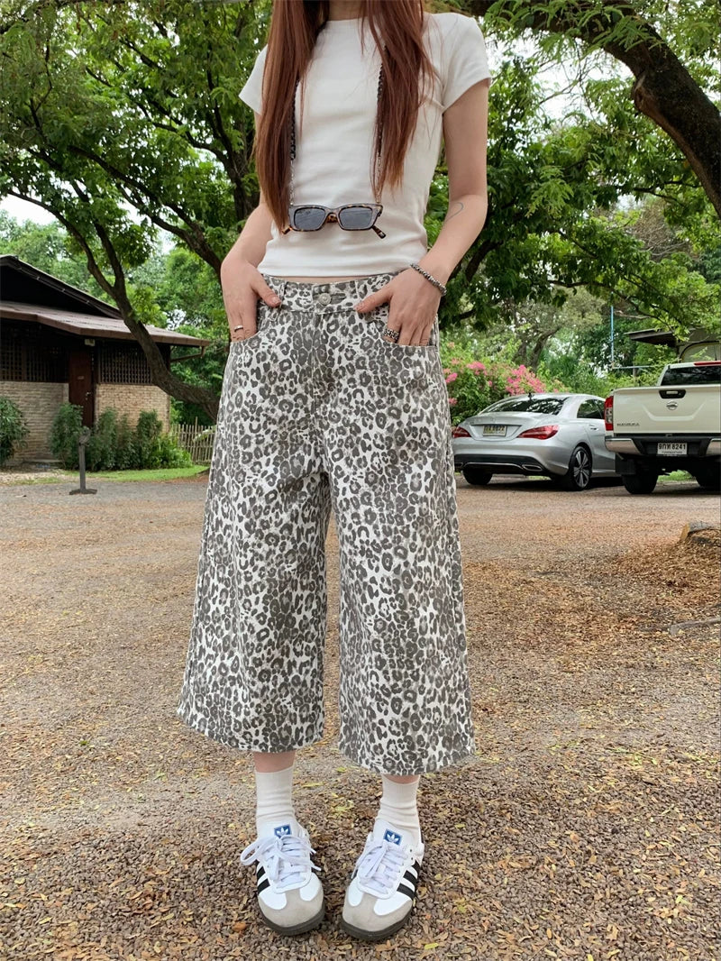 Leopard Retro Cropped Pants Streetwear Y2k Wide Leg Jeans