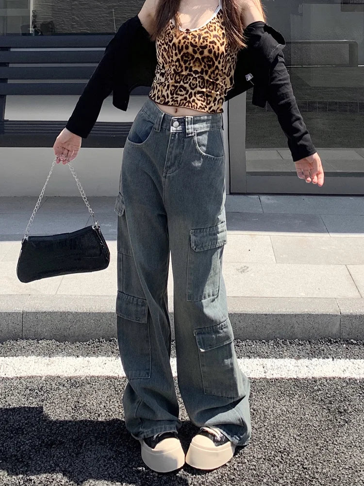 Washed Cargo Street Retro Wide Leg Pants High Waist Denim Long Jeans