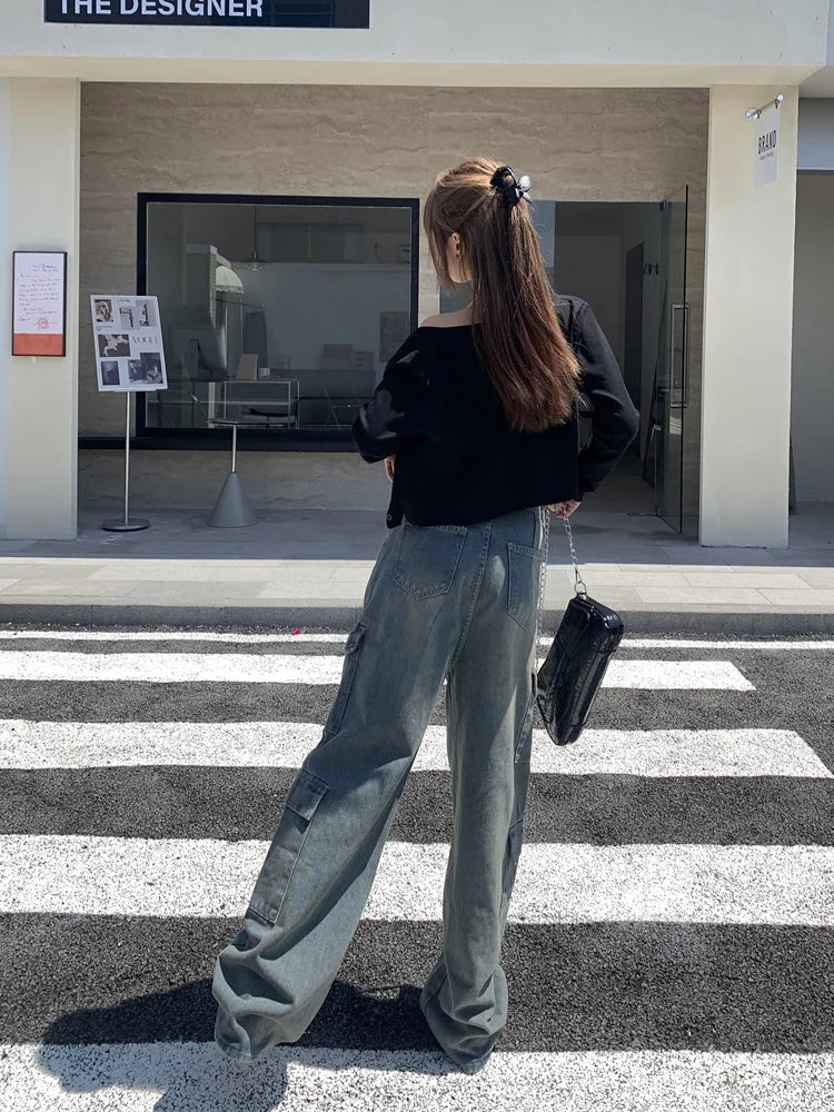 Washed Cargo Street Retro Wide Leg Pants High Waist Denim Long Jeans