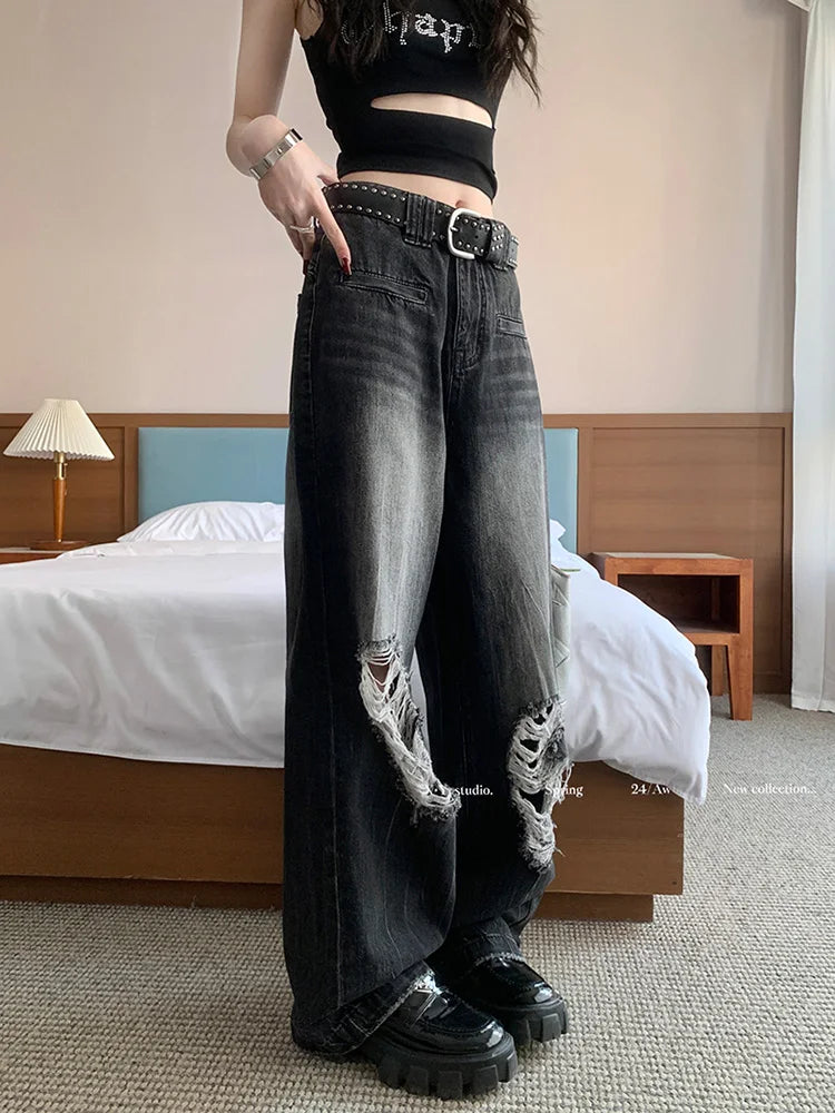 Punk Industry Washed Ripped Street Hip Hop Y2k Vintage Straight Without Belt Jeans