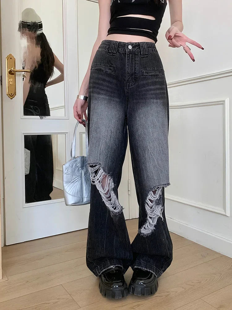 Punk Industry Washed Ripped Street Hip Hop Y2k Vintage Straight Without Belt Jeans