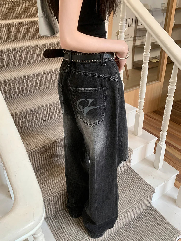 Punk Industry Washed Ripped Street Hip Hop Y2k Vintage Straight Without Belt Jeans
